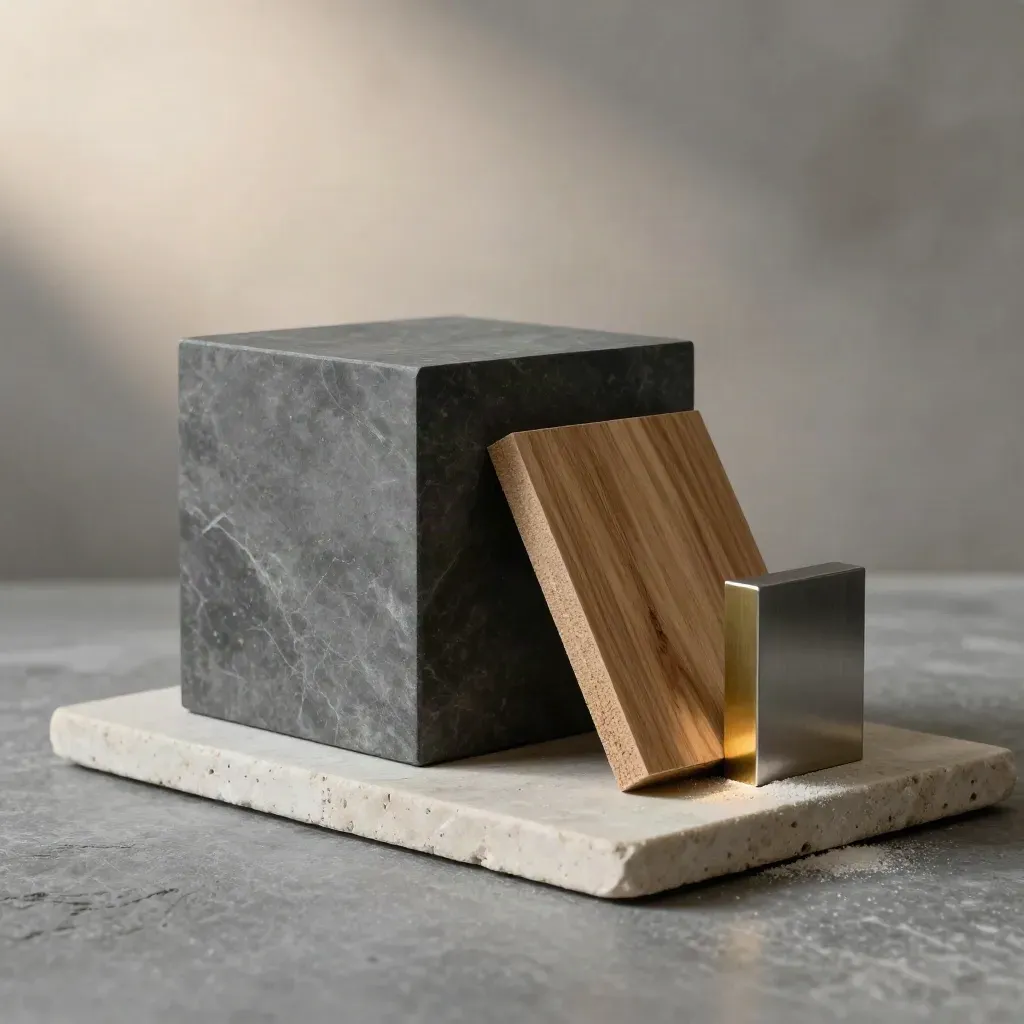 Architektur-Sample-Kit mit Basaltwürfel, Eichenfurnier und Aluprofil auf hellem Stein.