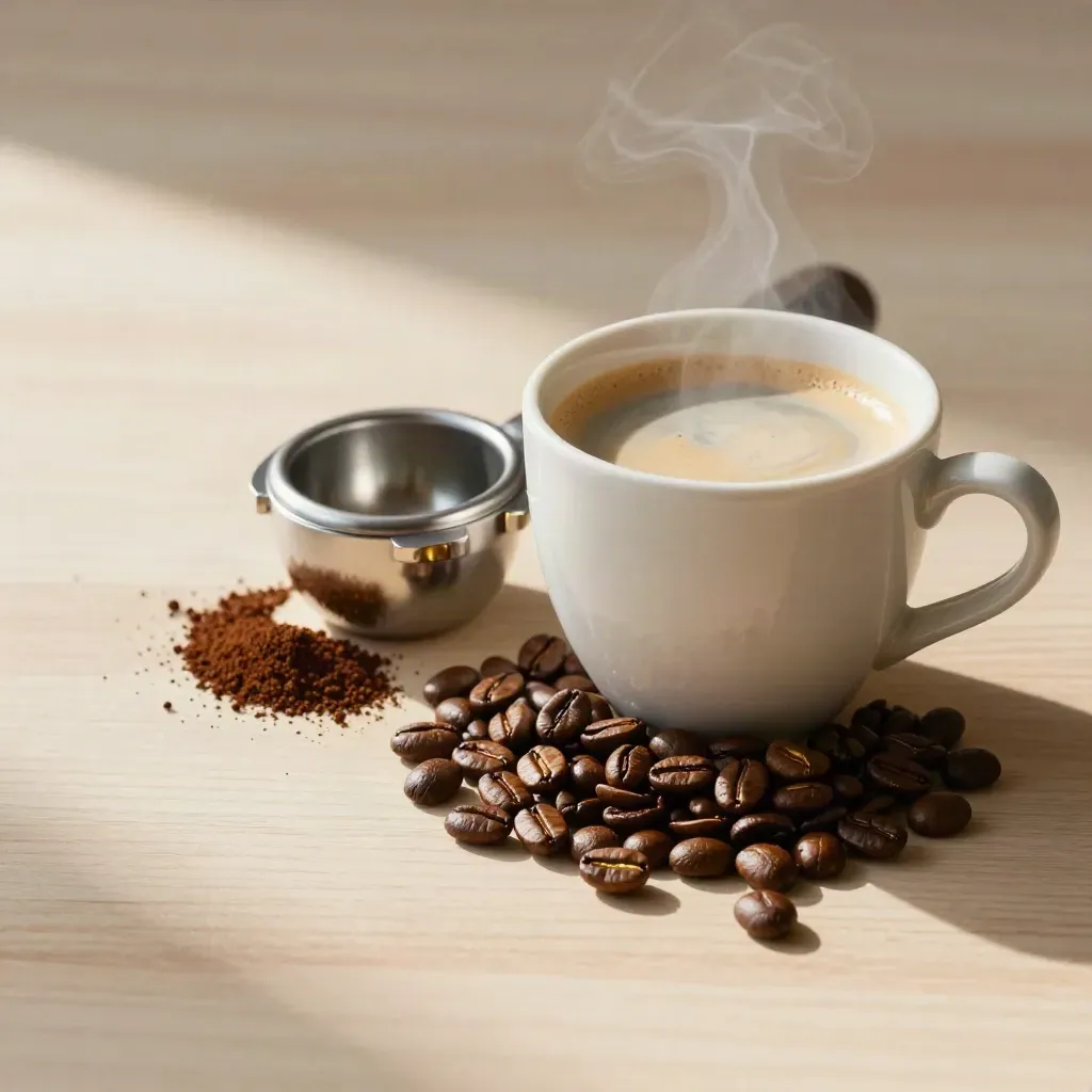 Kaffeekit mit Tasse, Siebträgerkorb und Bohnen auf hellem Holz, warmes Licht