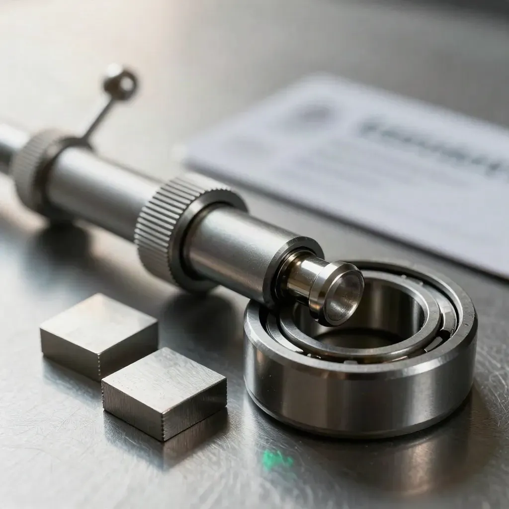 Makro eines Prüfsets für Autozulieferer mit Messuhr, Lagering, Shims und Gewicht.