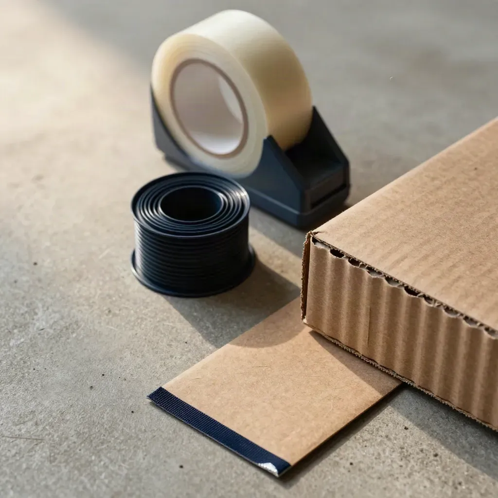 Logistik-Tools auf Beton: Tape-Spender, Kabelbinderrolle, Karton-Ecke und Kraftpapier-Spacer.
