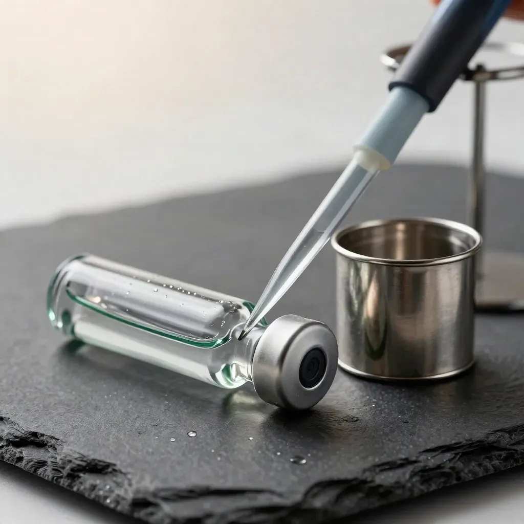 Labor-Set mit Glasvial, Stahlbecher und Pipettenhalter auf dunklem Schiefer