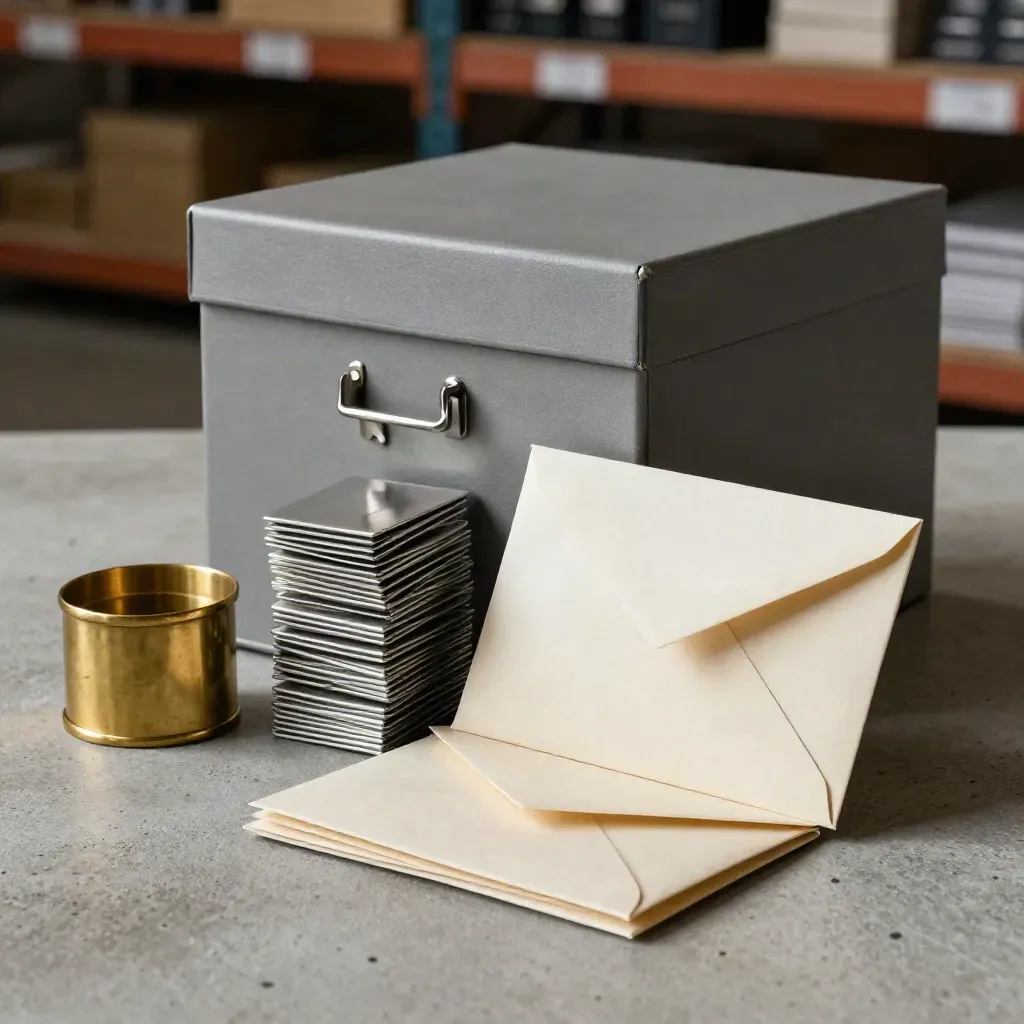 Brassene Gewichte, Stahlklammern und versiegelte Umschläge auf Beton neben Archivbox.