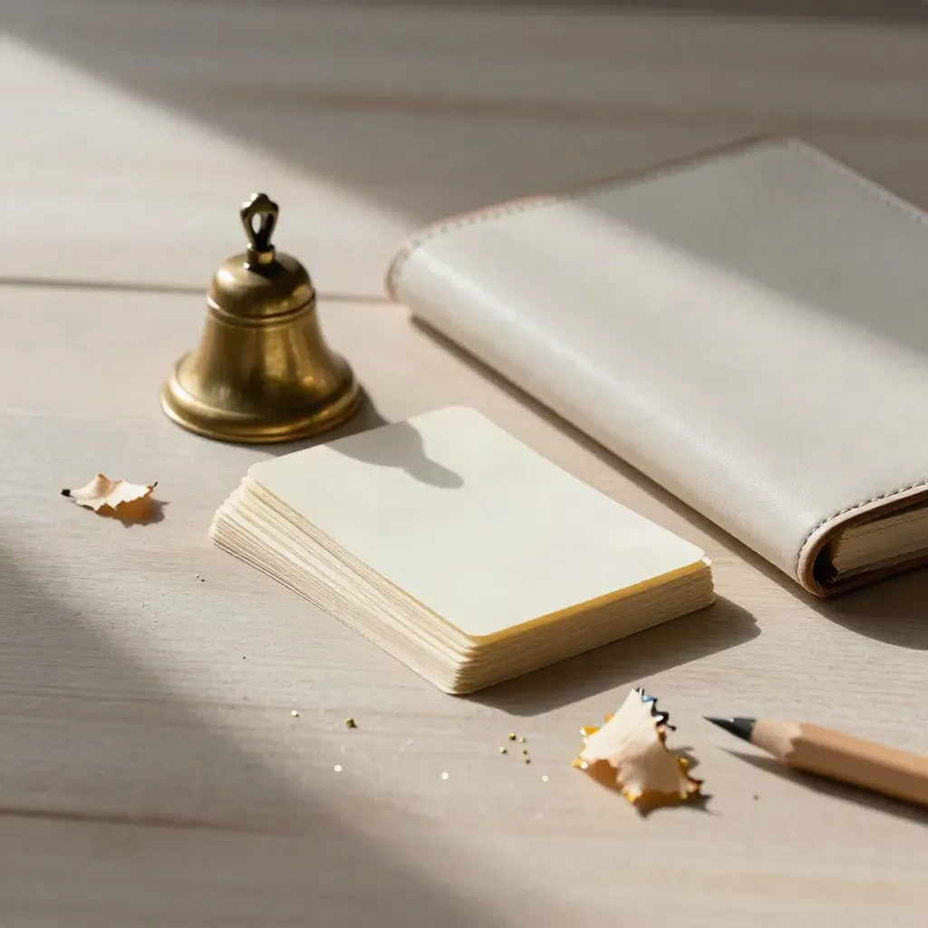 Brassene Trainingsglocke, Karten, Bleistiftspäne und Lederfolio auf hellem Holz.