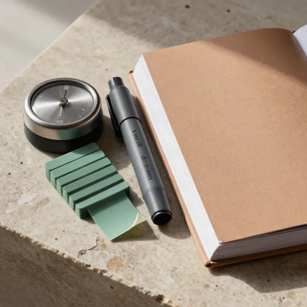 Workshop-Set mit Workbook, Tabs, Markerhülle und Timer auf hellem Stein.