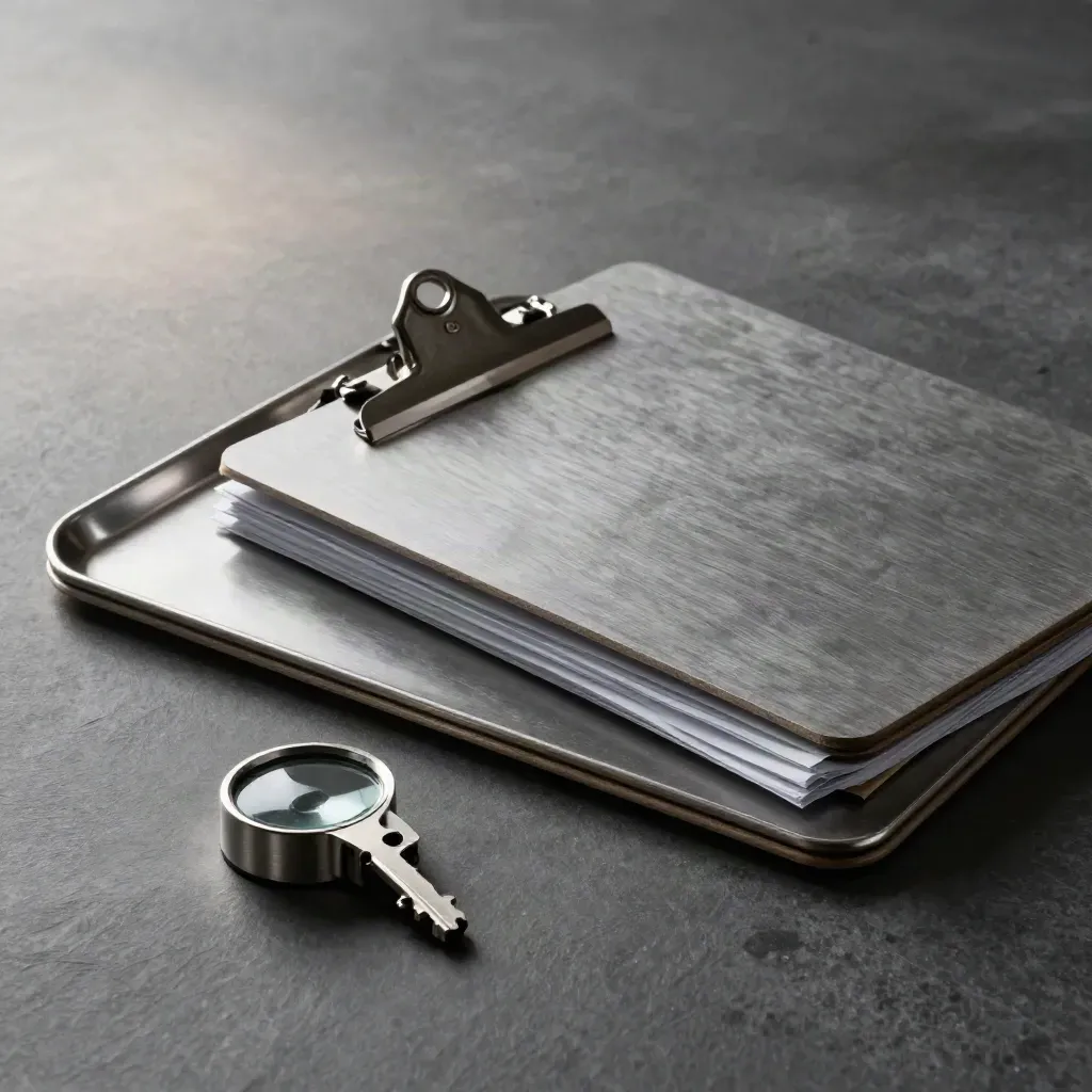 Zwei Clipboards, Metallablage und Timer auf Schiefer im dramatischen Studiolicht.