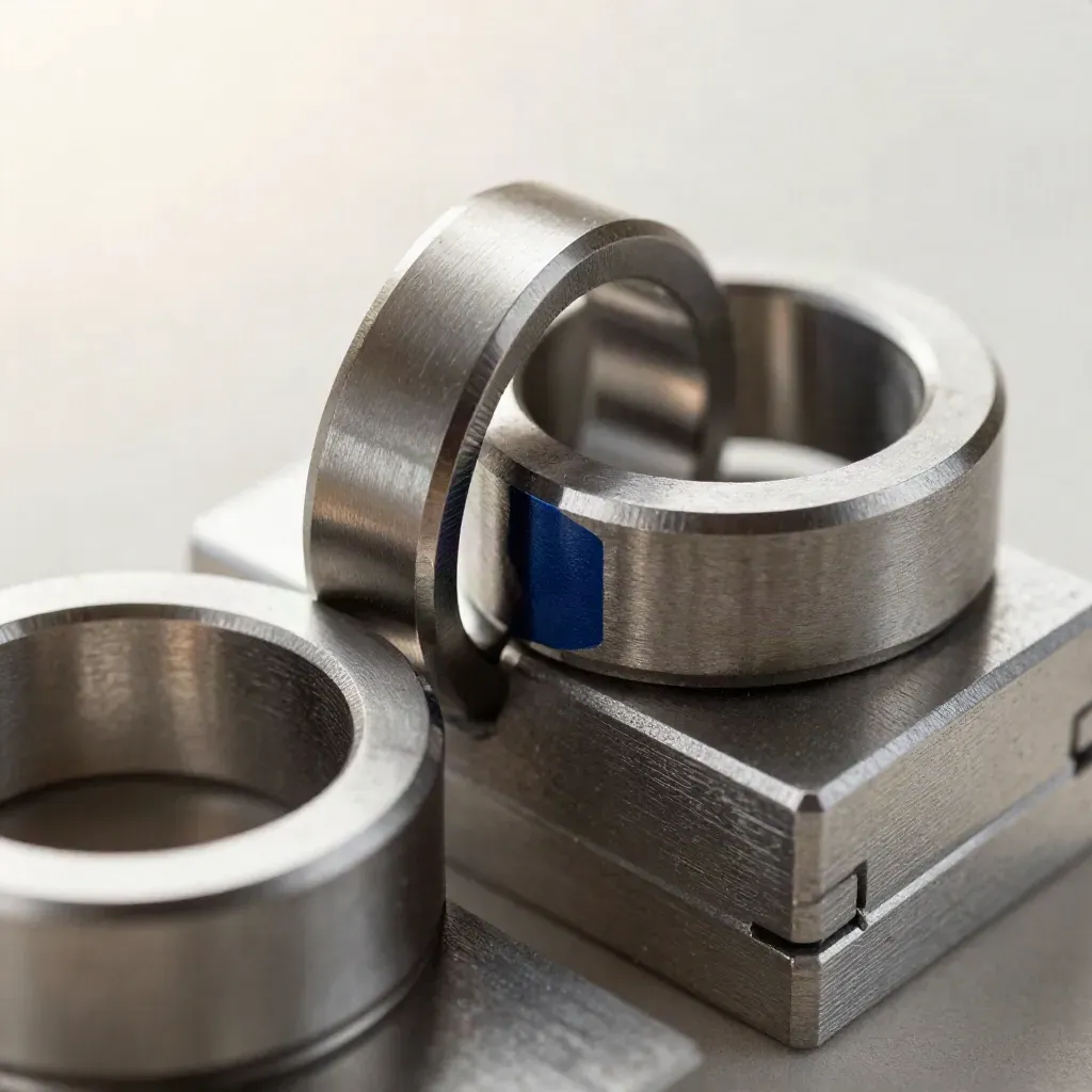 Makro von verbundenen Metallringen, Kupplungen und modularen Blöcken auf gebürstetem Aluminium.