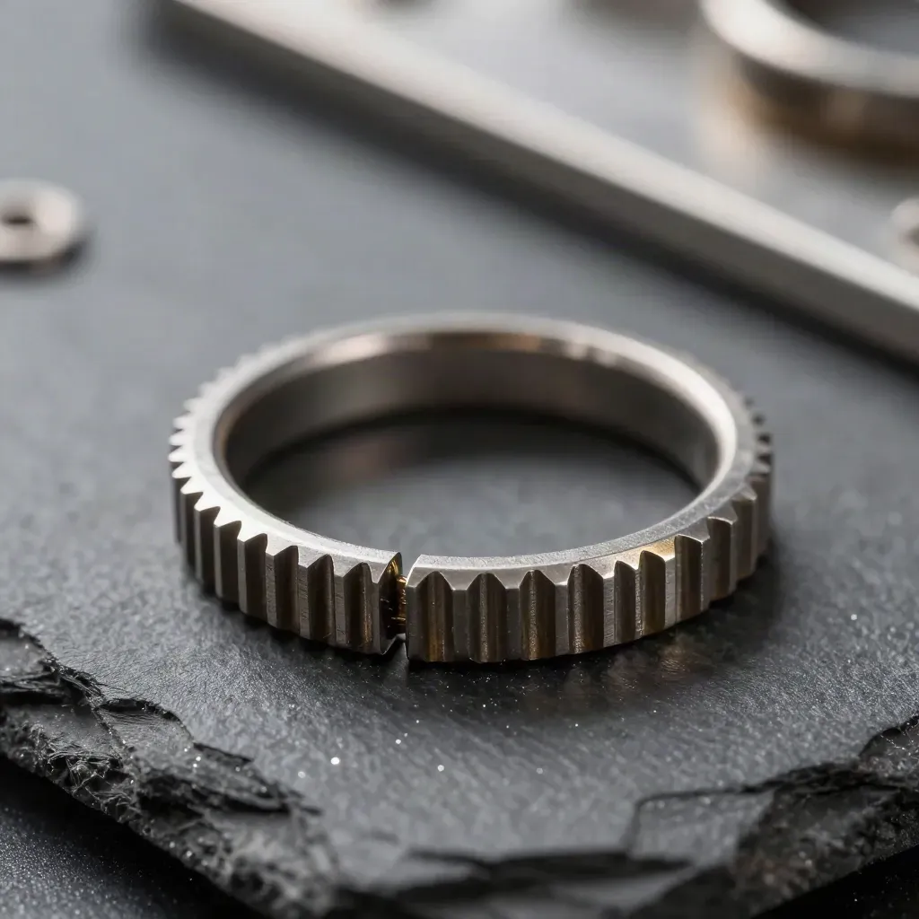 Makro von Metallringen, Steckverbindungen und Spacer auf dunklem Schiefer mit Goldakzent.