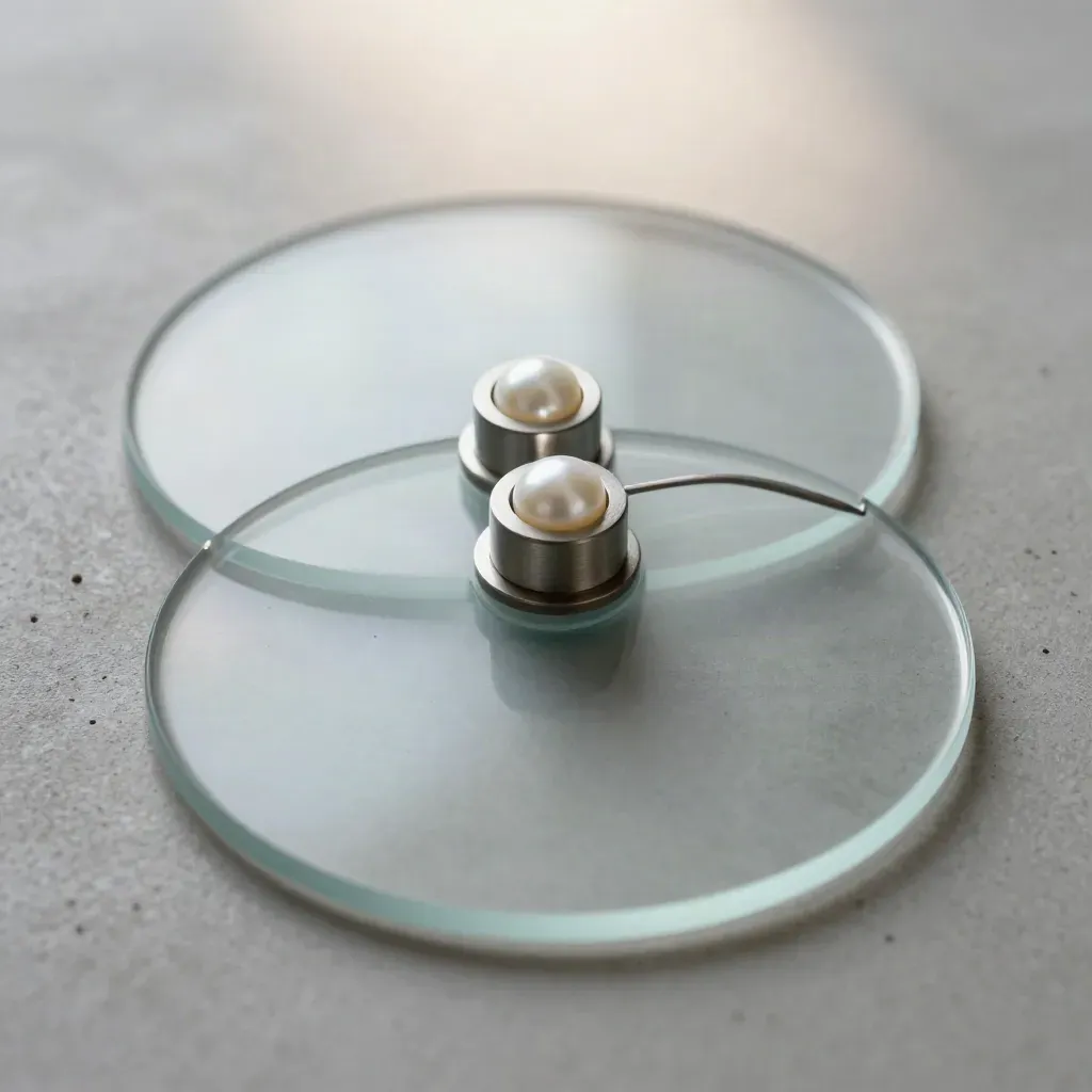 Glas-Discs mit Metallverbinder auf hellem Beton, weich und hochwertig inszeniert.